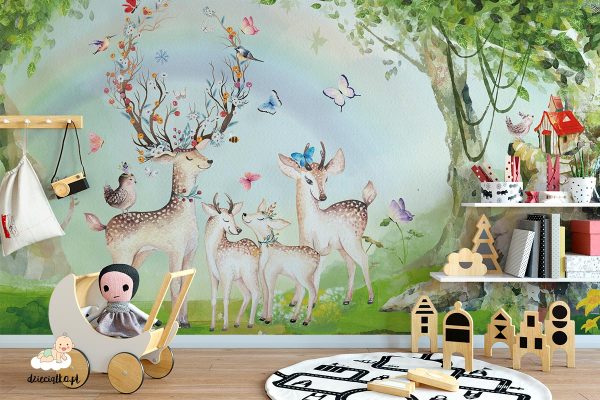 joyful fawns among birds and butterflies in a clearing - children’s wall mural