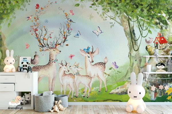 joyful fawns among birds and butterflies in a clearing - children’s wall mural