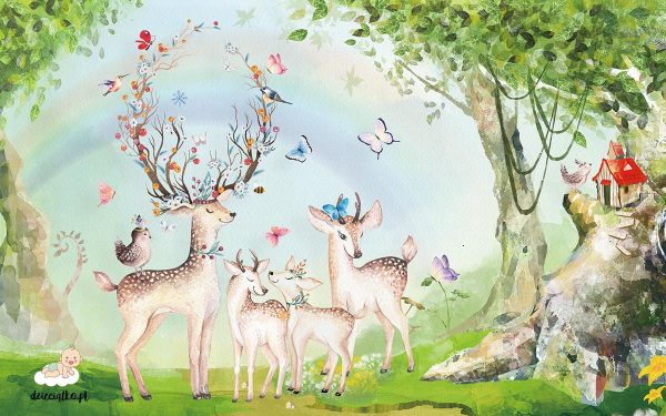 joyful fawns among birds and butterflies in a clearing - children’s wall mural