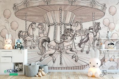 merry-go-round with horses and balloons - children’s wall mural