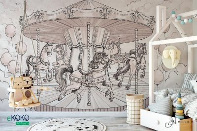 merry-go-round with horses and balloons - children’s wall mural