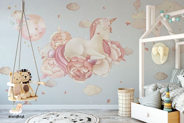 beautiful unicorn flying on flowers in the clouds and stars - children’s wall mural