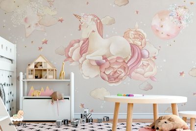 beautiful unicorn flying on flowers in the clouds and stars - children’s wall mural