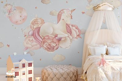 beautiful unicorn flying on flowers in the clouds and stars - children’s wall mural