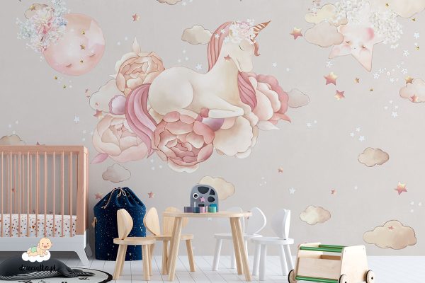 beautiful unicorn flying on flowers in the clouds and stars - children’s wall mural