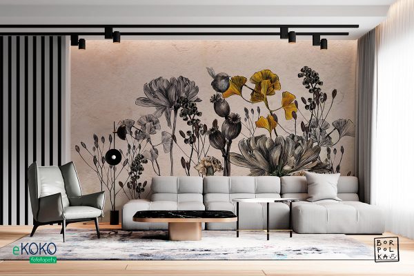 flowers and stems on a concrete background - wall mural
