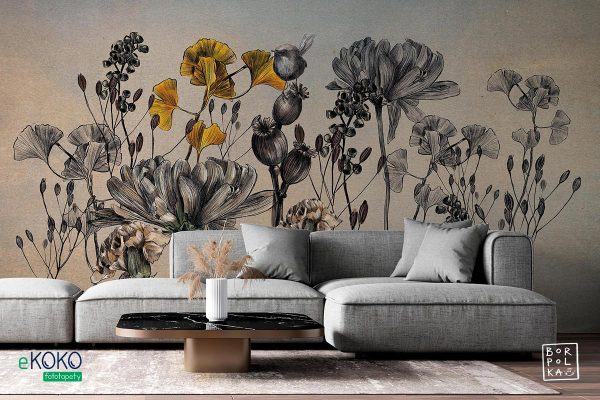 flowers and stems on a dark paper background - wall mural
