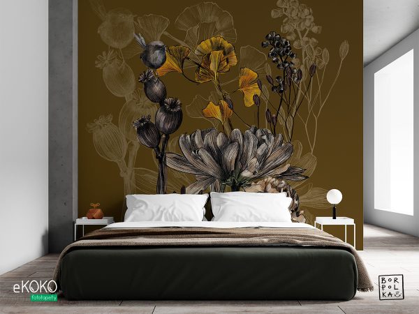 flowers and stems on a mustard background - wall mural