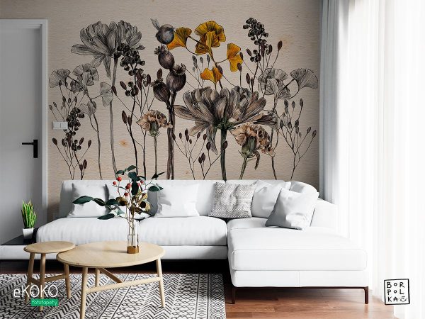 flowers and stems on a paper background - wall mural
