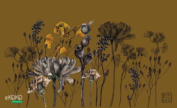 flowers and stems on a mustard background - wall mural
