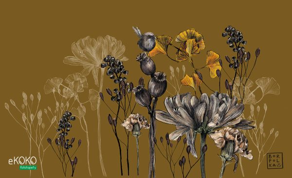 flowers and stems on a mustard background - wall mural