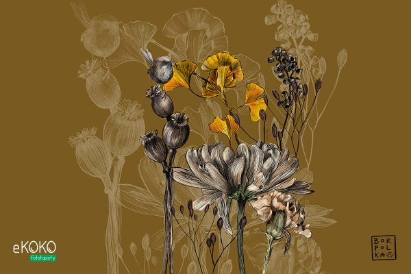 flowers and stems on a mustard background - wall mural