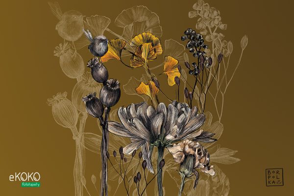 flowers and stems on a mustard background - wall mural