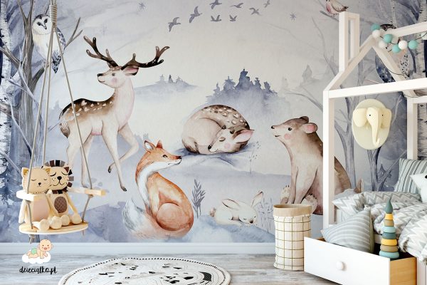 forest glade with animals in wintertime - children’s wall mural