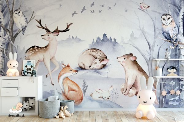 forest glade with animals in wintertime - children’s wall mural