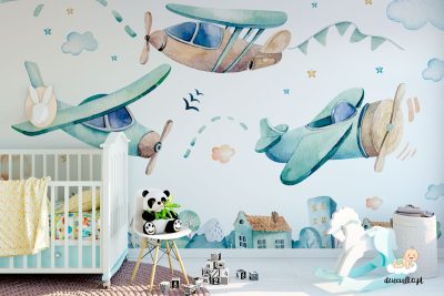airplanes in the sky above houses - children’s wall mural