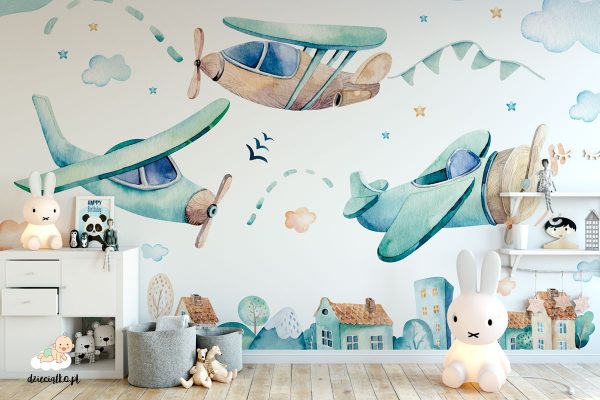 airplanes in the sky above houses - children’s wall mural