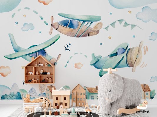 airplanes in the sky above houses - children’s wall mural