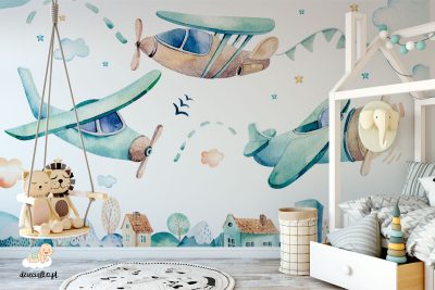airplanes in the sky above houses - children’s wall mural