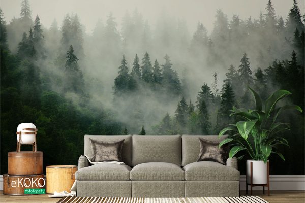 Foggy green fir forest on a hill - wall mural