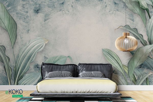 large tropical leaves on a light greenish background - wall mural