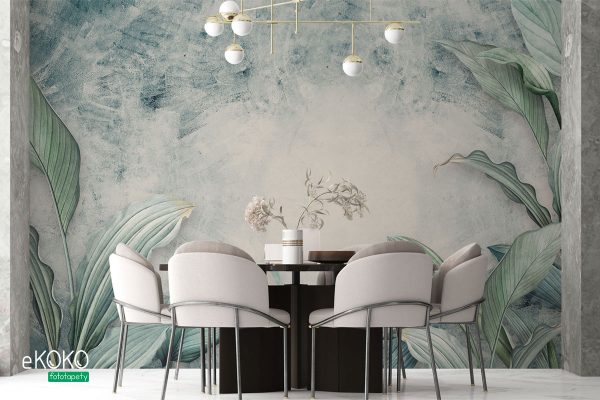 large tropical leaves on a light greenish background - wall mural