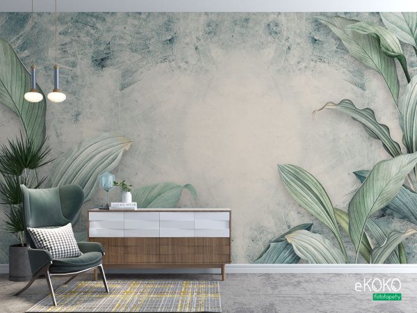 large tropical leaves on a light greenish background - wall mural