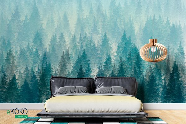 misty fir forest - wall mural