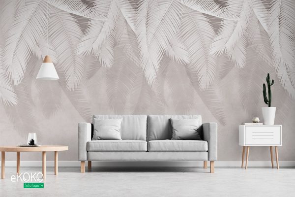 dangling gray palm leaves on a concrete background - wall mural