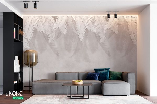 dangling gray palm leaves on a concrete background - wall mural