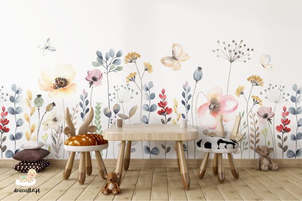 colorful field flowers painted with watercolors on a white background - children’s wall mural