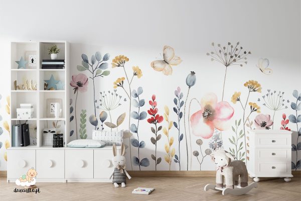 colorful field flowers painted with watercolors on a white background - children’s wall mural