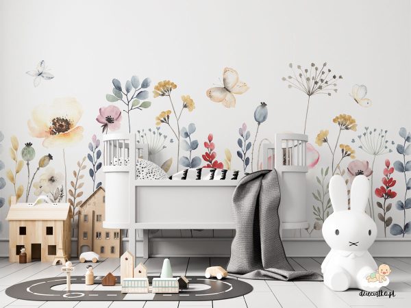 colorful field flowers painted with watercolors on a white background - children’s wall mural