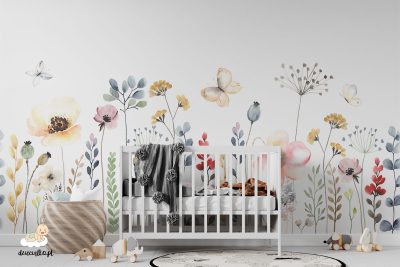 colorful field flowers painted with watercolors on a white background - children’s wall mural