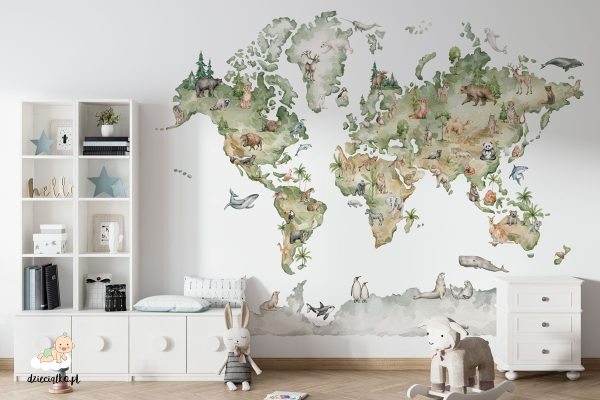 watercolor world map with animals - children’s wall mural