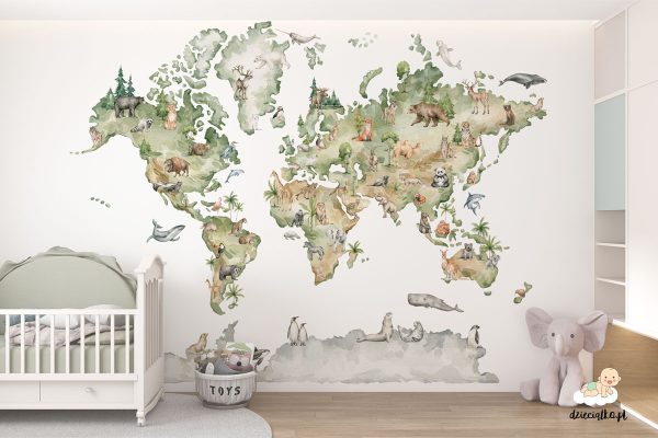 watercolor world map with animals - children’s wall mural