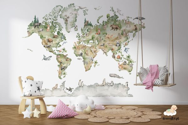 watercolor world map with animals - children’s wall mural