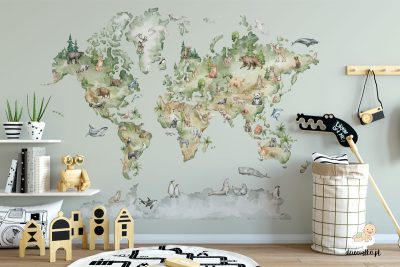 watercolor world map with animals - children’s wall mural