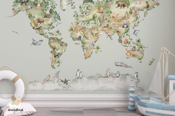 watercolor world map with animals - children’s wall mural