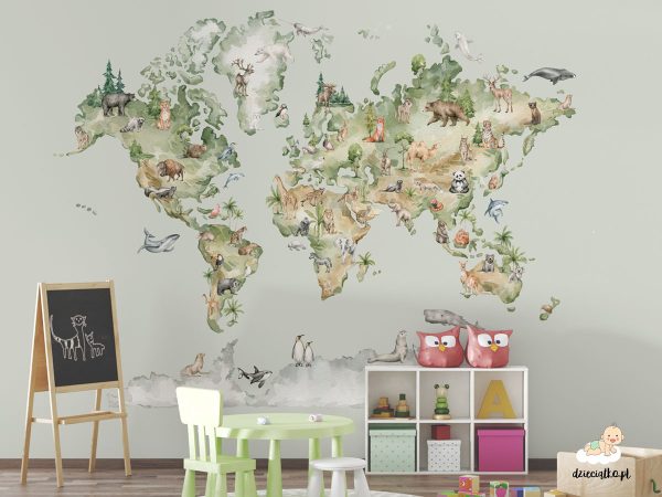 watercolor world map with animals - children’s wall mural