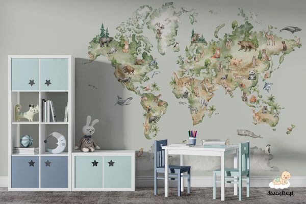 watercolor world map with animals - children’s wall mural