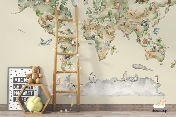 watercolor world map with animals - children’s wall mural