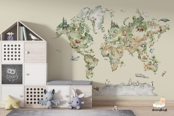 watercolor world map with animals - children’s wall mural