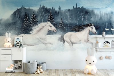 galloping horses in a snowy scener - children’s wall mural