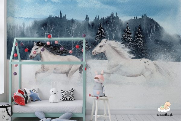 galloping horses in a snowy scener - children’s wall mural