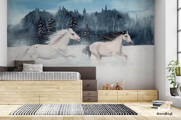 galloping horses in a snowy scener - children’s wall mural