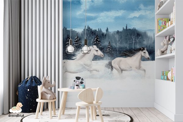 galloping horses in a snowy scener - children’s wall mural