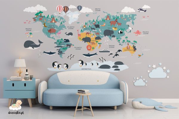 colorful world map with animals and ships on a gray background - children’s wall mural