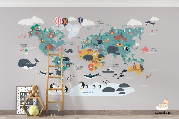 colorful world map with animals and ships on a gray background - children’s wall mural