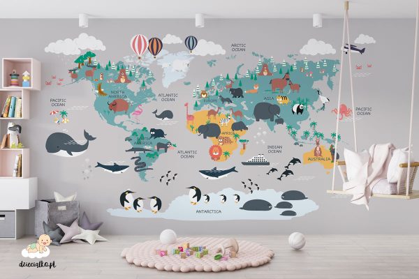 colorful world map with animals and ships on a gray background - children’s wall mural